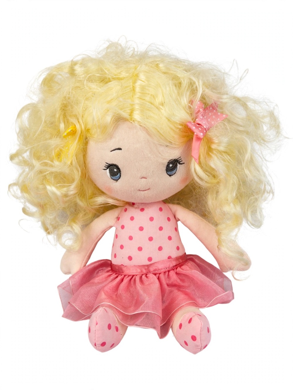 Aurora Plush Doll Blonde Curly Hair Pink Polka Dot Dress Small 10” 2015